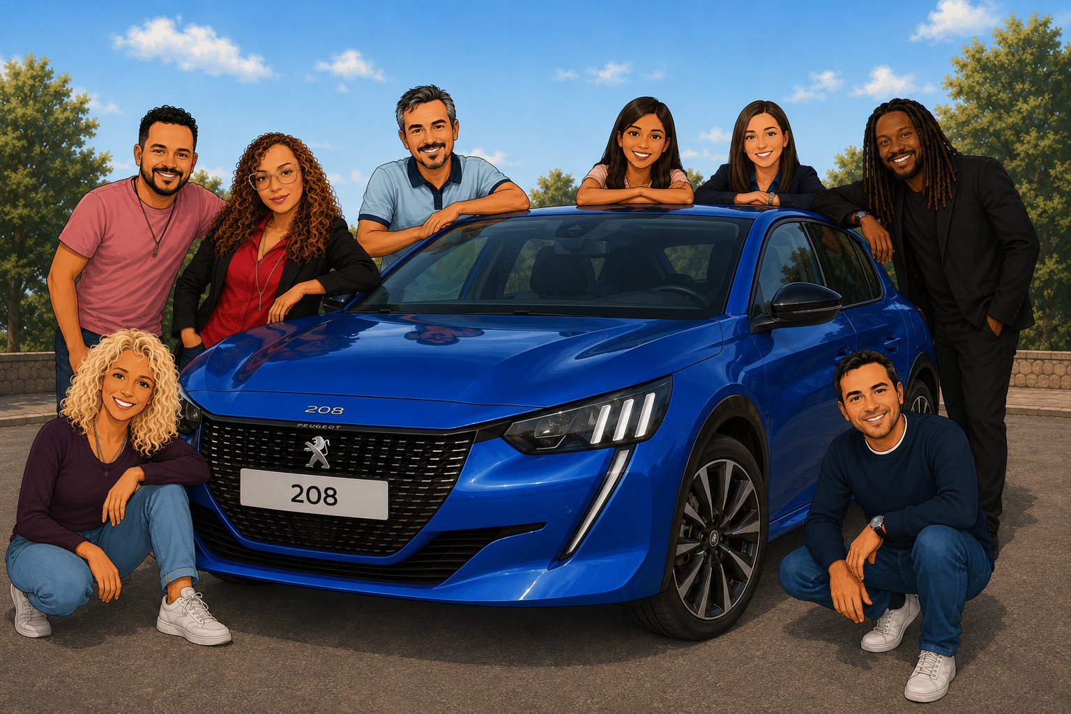 Toute l'équipe de l'auto-école WARNING réunie autour d'une voiture